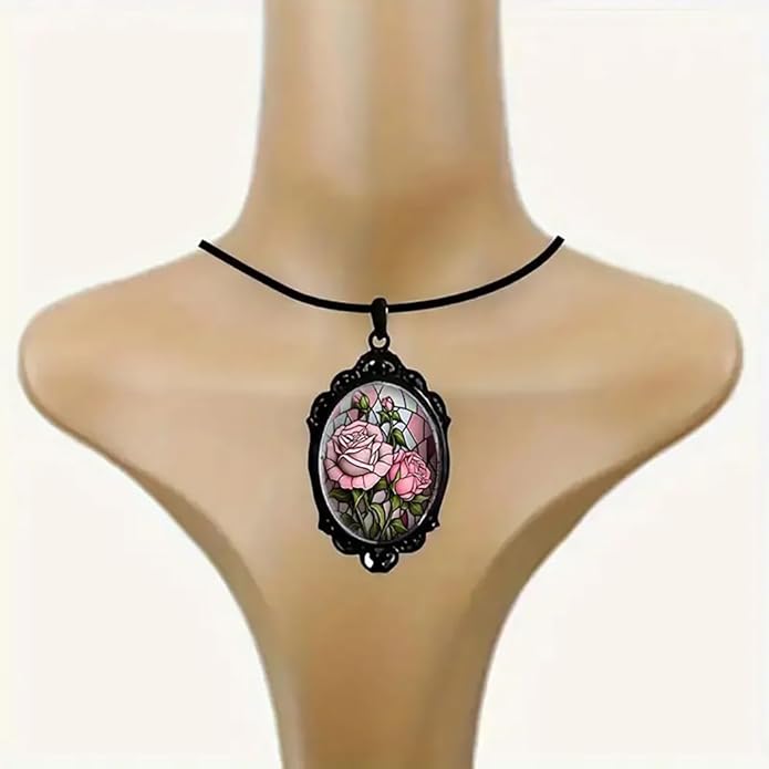 Gothic Rose Glass Necklace for Women Vintage Satan Demon Pendant Halloween Roses Necklaces Dark Punk Style Necklace Victoria Emboss Necklaces Mystic Witch Jewelry Gift Accessories