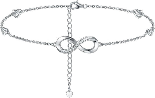 Moissanite Infinity Anklet for Women, Real Authentic 925 Sterling Silver Hypoallergenic, Beautiful Summer Jewelry, Dainty Ankle Bracelet, 8.6-10.6inch (21-26cm) Adjustable