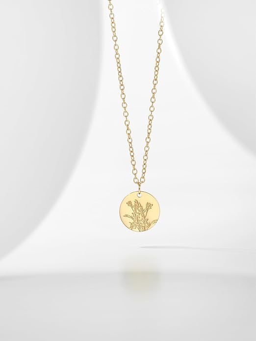 Birth Flower Necklace, 14K Gold Plated Floral Pendant Necklaces for Women, Simple Dainty Birth Month Flower Necklace, Birthday Jewelry for Women - 12 Month