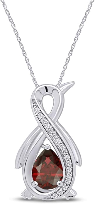 Infinity Penguin Pendant Necklace for Women, 14K Gold Over Sterling Silver with Pear & Round Cut Simulated Birthstone & White Diamond Accents, Dainty Animal Jewelry Gift with 18" Chain