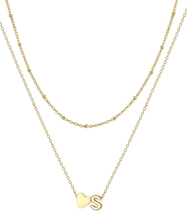 FOCALOOK Layered Initial Necklace for Women, 14K Gold Plated Choker Necklaces Stacks with Initial A-Z, Dainty Silver Heart Pendant Necklace Personalized Birthday Women Jewelry