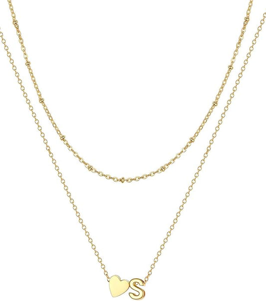 FOCALOOK Layered Initial Necklace for Women, 14K Gold Plated Choker Necklaces Stacks with Initial A-Z, Dainty Silver Heart Pendant Necklace Personalized Birthday Women Jewelry