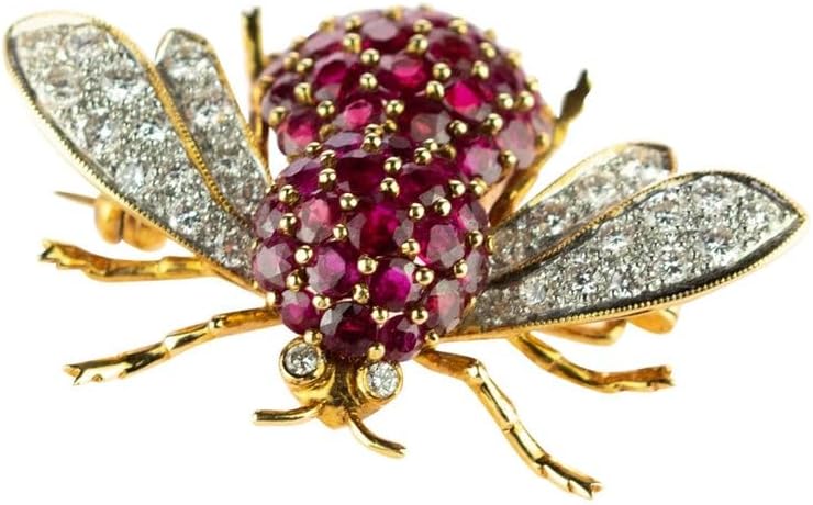 2Ct Round Cut Red Ruby & White Diamond Honey Bee Brooches Pin 14K Yellow Gold Plated