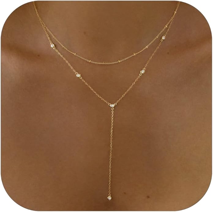 Gold Necklace for Women, Dainty Gold Long Necklaces 14k Gold Plated Prom Bar CZ Lariat Necklace Simple Choker Necklaces for Women Trendy Boho Fashion Costume Jewelry Womens