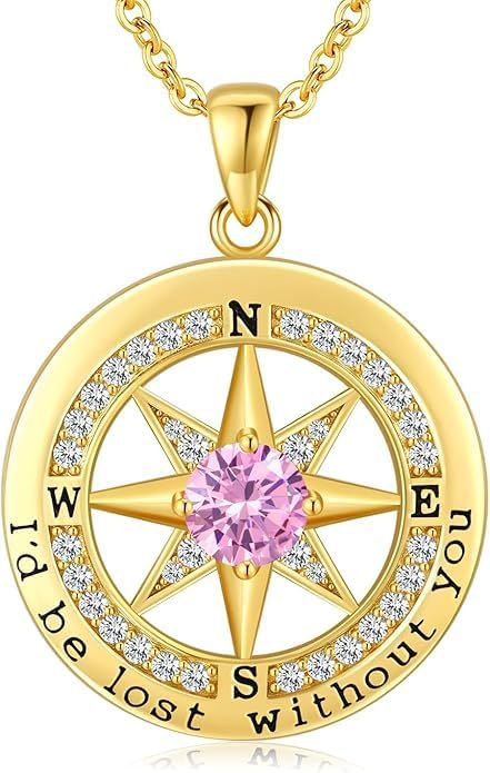 Compass Necklace for Women Wife Girlfriend Mom Daughter Gifts S925 Silver Jewelry For Anniversary Rose Gold Gifts For Birthday Christmas Mothers Valentines Day 12 Birthstones