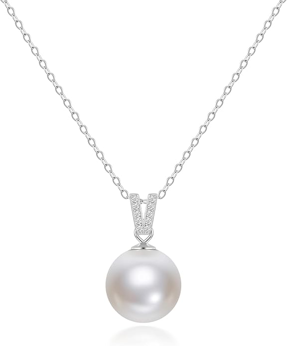 Mameloly Pearl Necklaces for Women Trendy 925 Sterling Silver Dainty V CZ Pendant 10MM/12MM Single Simulated White Pearl Choker Necklace for Women Wedding Cute Jewelry