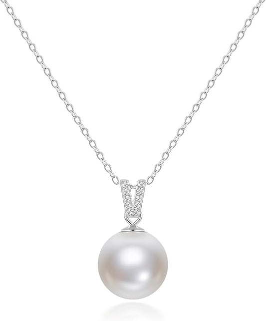 Mameloly Pearl Necklaces for Women Trendy 925 Sterling Silver Dainty V CZ Pendant 10MM/12MM Single Simulated White Pearl Choker Necklace for Women Wedding Cute Jewelry
