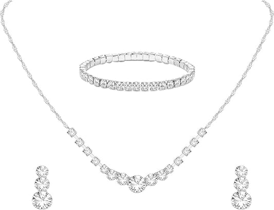 Crystal Wedding Jewelry Set, Silver Necklace Earrings Bracelet Crystal Bridal Wedding Jewelry Sets for Brides Bridesmaid Prom Costume Accessories