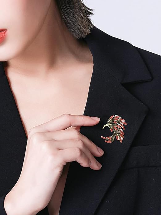 14K Gold Phoenix Tail Feather Brooch, Sparkling Moissanite Enamel Brooch - Beautiful Brooch Jewelry Gift