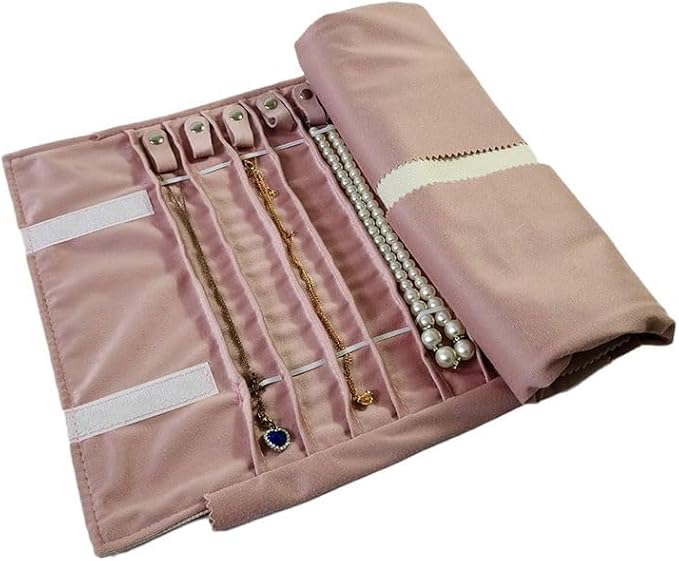 SCIKHEFT Portable Jewelry Roll Untangled Secure Necklace Travel Storage Bag Displays Holder 16 Chain (gray PU and pink)