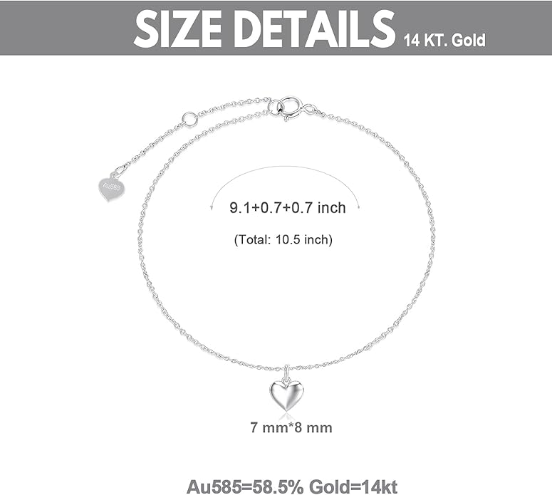 SISGEM Real 14k Gold Puff Heart Anklet for Women, Love Ankle Bracelet Foot Jewelry Gifts for Her, 9+1+1 Inch