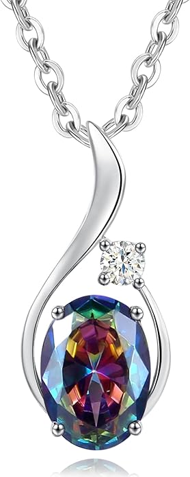 FANCIME 14K Solid White Gold Oval Gemstone Necklace with Diamond Pendant Gifts for Mom Women,16"+2" Inches