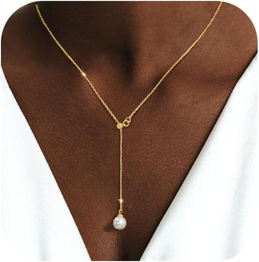 Luxval Lariat Gold Necklace for Women, Dainty Long Necklace 14k Gold Plated/Silver Y-Shaped Pendant Necklaces Trendy Beaded Chain Drop Necklaces Jewelry for Women Gifts