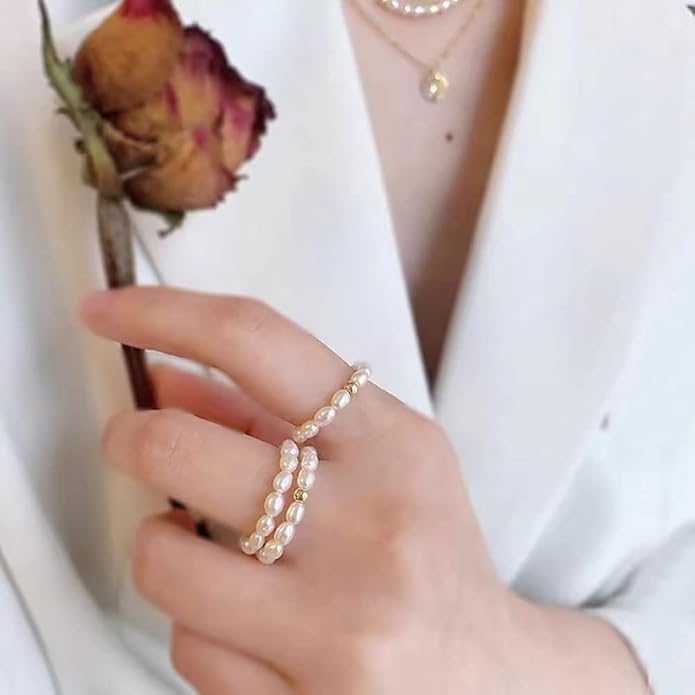 Vintage Boho Cultured Pearl Adjustable Beaded Wrap Ring,Trendy Elastic Freshwater Pearl Rings for Women,Fashion Heart Shell Stacking Rings for Men