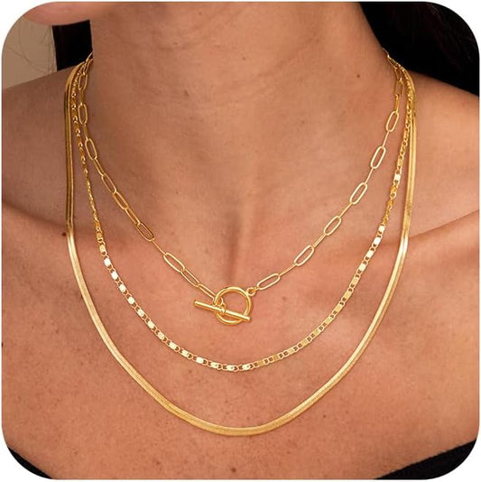 CHESKY 14K Gold Plated Layered Herringbone Necklaces for Women, Trendy Paperclip Snake Chain Necklace Cuban Link Simple Chunky Toggle Clasp Necklace Set Fashion Jewelry