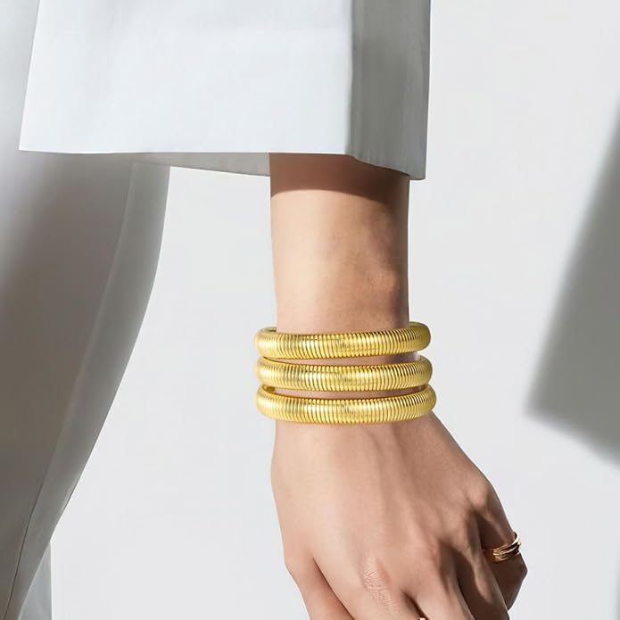 Emibele Gold Bangles Bracelet Set for Women, 18K Gold Plated Chunky Stainless Steel Non Tarnish Stretch Bracelet Stack, Flexible Wide Wristband Bangle Layered Snake Chain Bracelets