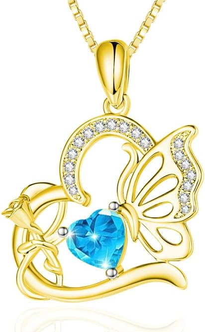 Birthstone Heart butterfly Necklace for Women, Infinity Pendant 14K Gold /18K White Gold Womens Necklaces, Jewelry Anniversary Birthday Christmas Gifts for Her Mom Wife﻿