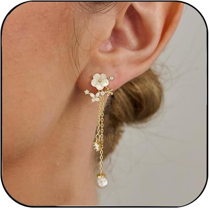 Gold Earrings for Women,Dainty 14k Gold Plated Pearl Drop Earring Dangle Pearl Dangling Earrings for Women Trendy Small Cute Wedding CZ Earring Long Chain Threader Prom Jewelry Gifts