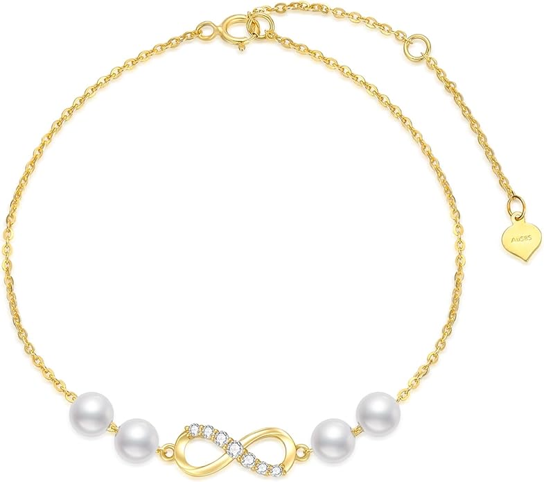 SISGEM 10k Gold Infinity Anklet for Women, Real Freshweter Cultured Pearl and Created Moissanite Love Jewelry Ankle Bracelet for Her, 9.4-11 Inches