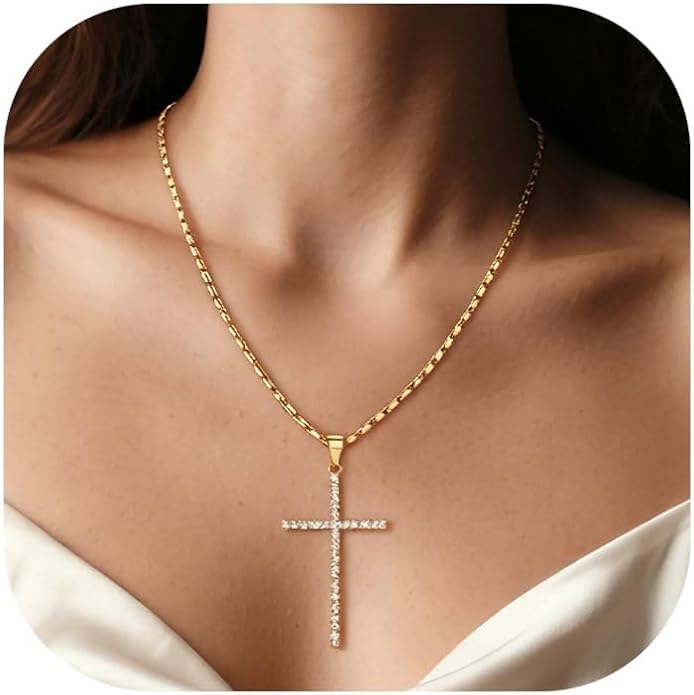 U7 Cross Necklace for Women,Silver/14K Gold Large or Small Cross Necklaces with CZ Diamond,Faith Birthday/Christmas Gift for Her Women Mother Daughter Grandmother