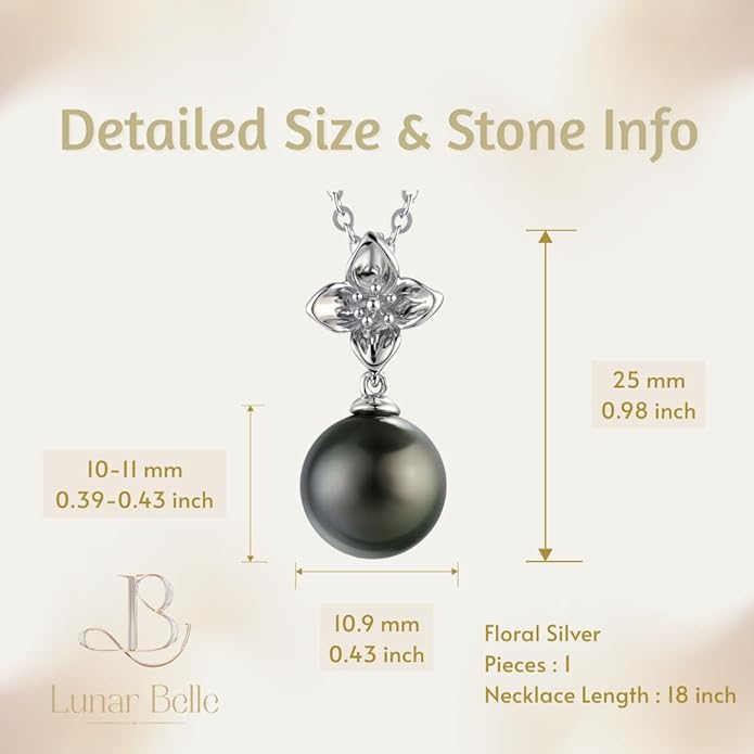 Lunar Belle Tahitian Black Jewelry Pearl Pendant Necklace in Sterling Silver, Luxury Wedding Christmas Gift for Women Mother Wife (Marine Fleur)