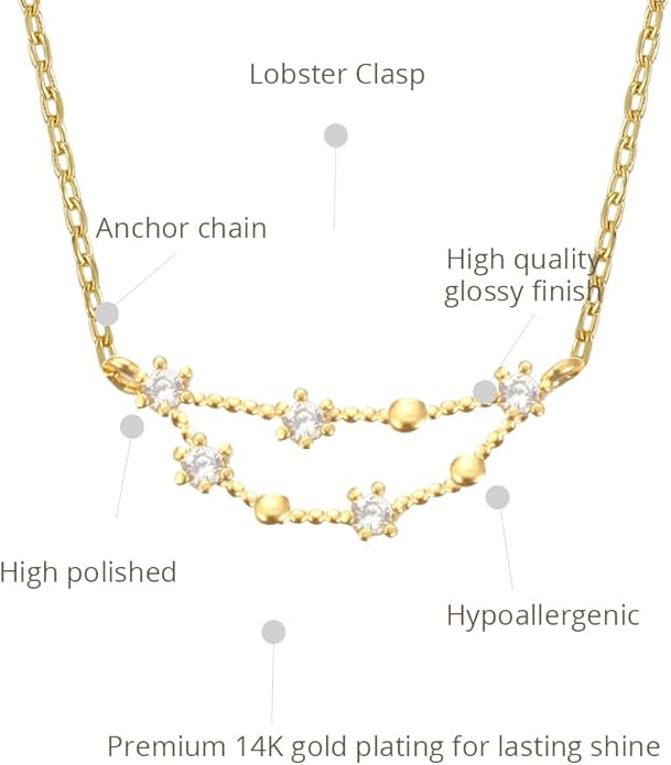 Zodiac 18K Gold Plated CZ Necklace With Message Card, Yellow Gold Color, Anchor Chain, Best Gift Necklace, Size 16 inch + 2 inch Extender, Pendant, Constellation, Gift Card