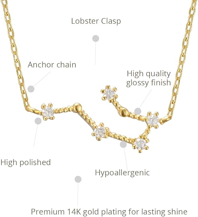 Zodiac 18K Gold Plated CZ Necklace With Message Card, Yellow Gold Color, Anchor Chain, Best Gift Necklace, Size 16 inch + 2 inch Extender, Pendant, Constellation, Gift Card
