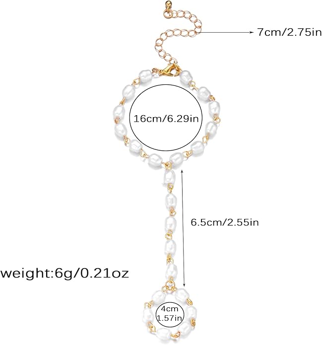 BELLA-Bee Gold Hand Chain Bracelet for Women Dainty Adjustable Gold Ring Bracelet Hand Chain Trendy Pearl Finger Bracelet Cubic Zirconia Hand Jewelry Fashion Body Chain Accessories