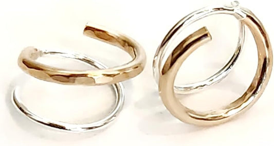 Handmade TINY Huggie Mixed Metal Twist Loop Earrings Double Hoop for Single Piercing Sterling Silver & Gold Earrings for Women Spiral