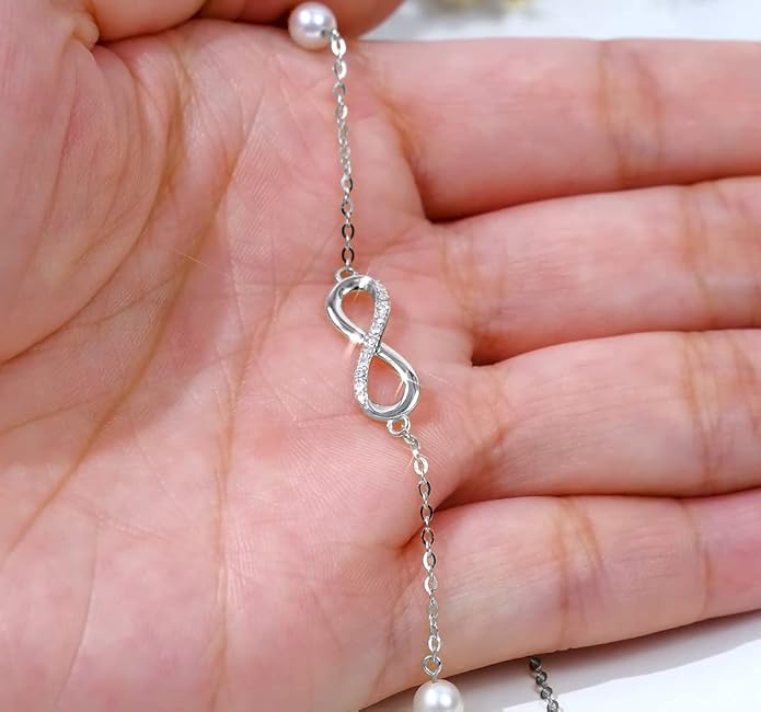 SISGEM 14k Gold Diamond Infinity Bracelet for Women, Real Gold Pearl Love Jewelry Gifts for Wife, Present for Her, 6.9"-8.3"
