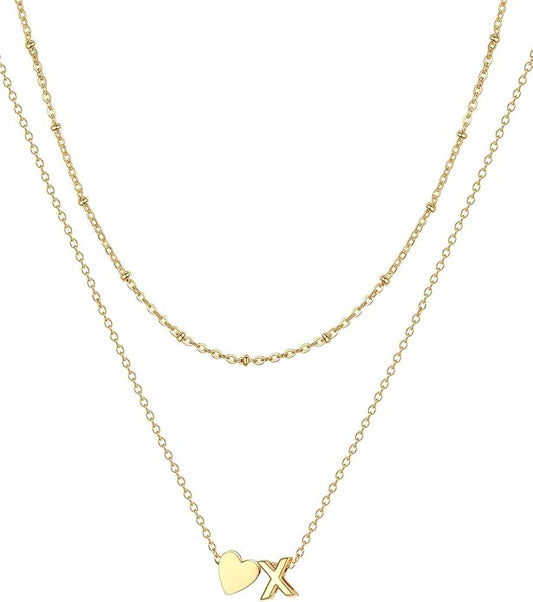FOCALOOK Layered Initial Necklace for Women, 14K Gold Plated Choker Necklaces Stacks with Initial A-Z, Dainty Silver Heart Pendant Necklace Personalized Birthday Women Jewelry