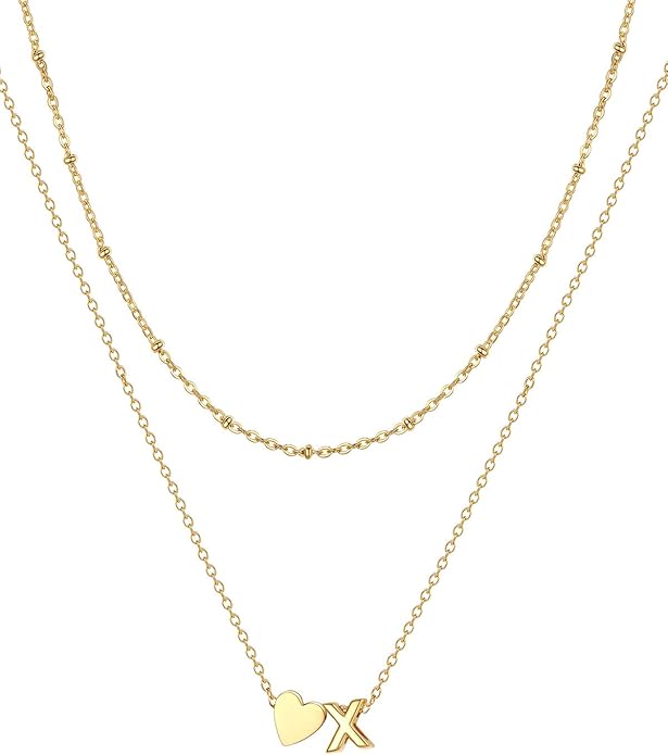 FOCALOOK Layered Initial Necklace for Women, 14K Gold Plated Choker Necklaces Stacks with Initial A-Z, Dainty Silver Heart Pendant Necklace Personalized Birthday Women Jewelry