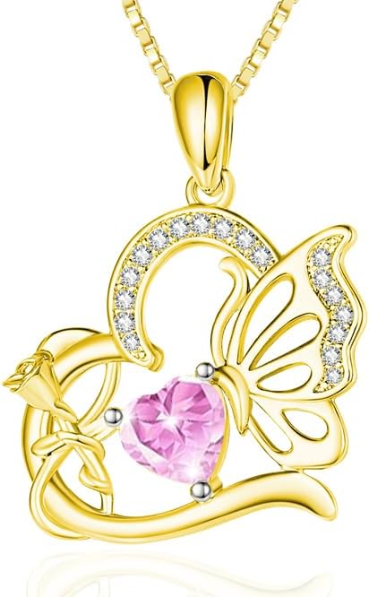 Birthstone Heart butterfly Necklace for Women, Infinity Pendant 14K Gold /18K White Gold Womens Necklaces, Jewelry Anniversary Birthday Christmas Gifts for Her Mom Wife﻿