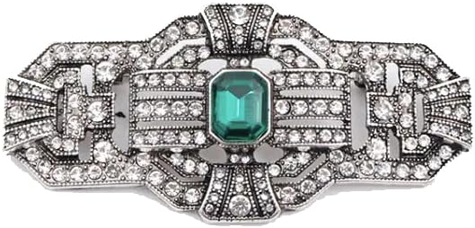LARGE Antique Vintage Classic Art Deco Style Silver Tone Green Emerald Rhinestone Statement Bridal Wedding Brooch Pin