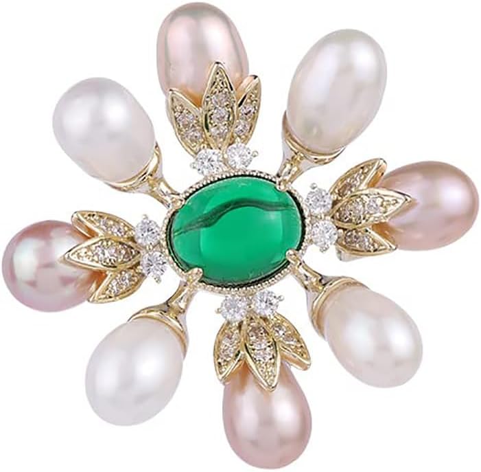 14K Gold Handcrafted Emerald Brooch with Moissanite and Freshwater Pearls - Vintage Style Floral Corsage, Fashion Coat Accessory Gift