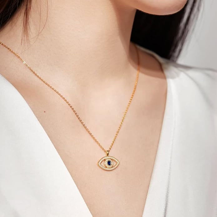 Solid 14K Gold Over 925 Silver Evil Eye Pendant Necklace,Dainty Moissanite and Sapphire Devil's Eye Protection Necklace,Lucky Jewelry Gift for Women