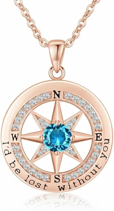 Compass Necklace for Women Wife Girlfriend Mom Daughter Gifts S925 Silver Jewelry For Anniversary Rose Gold Gifts For Birthday Christmas Mothers Valentines Day 12 Birthstones