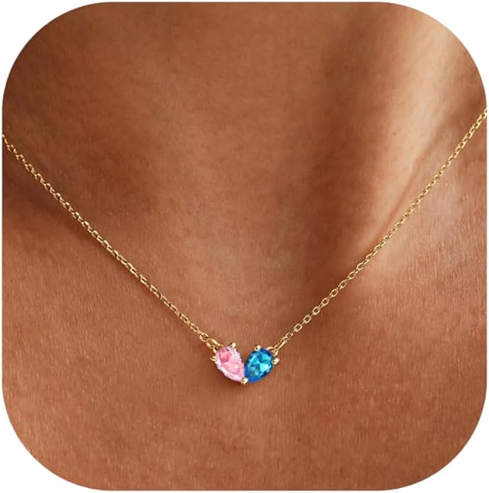 KOHOTA Gold Birthstone Necklace for Women Non Tarnish 14K Gold Plated CZ Heart Pendant Necklaces Dainty 2 Birthstones Emerald Green Charm Necklace for Mother and Daughter Birthday Jewelry Gifts