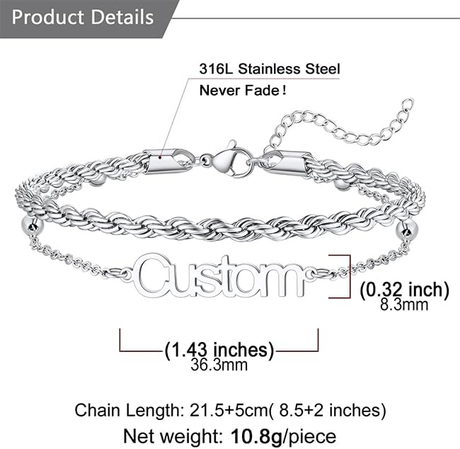 U7 Custom Layered Ankle Bracelets for Women Stainless Steel Bead/Cuban/Figaro/Rope/Wheat Chain Anklet Waterproof Anklet Jewelry for Beach Vacation