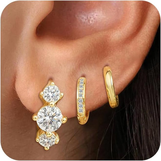 3Pairs Small Gold Huggie Hoop Earrings for Women,Romantic heart,Twisted braid two colors,3 CZ Hoop,5 Round Zircon Sport Hoops Earrings Set,14K Gold Filled Silver Hypoallergenic Earring Excellent gift