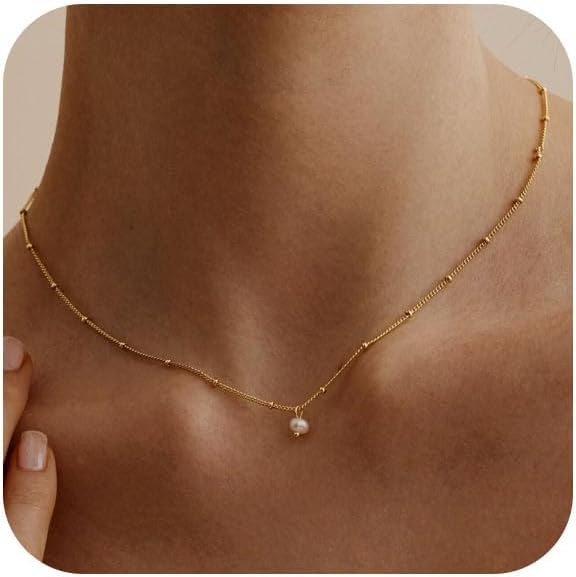 Pearl Necklace for Women Trendy,14k Gold Plated Necklace Dainty Wedding Necklace Small Cute Choker Necklace Beaded Lariat Drop Necklace Vintage Waterproof Jewelry for Women Gold Jewelry Fashion Gifts