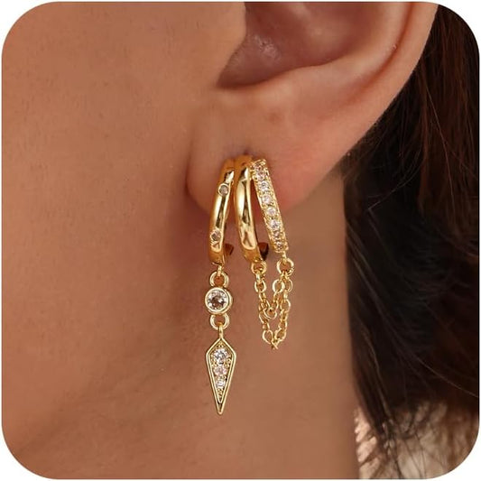 Dangle Earrings for Women,14k Gold Plated Triple Huggie Stud Earrings Dainty Drop Earrings for Women Trendy Gold Statement CZ Long Chain Earrings Non Tarnish Jewelry