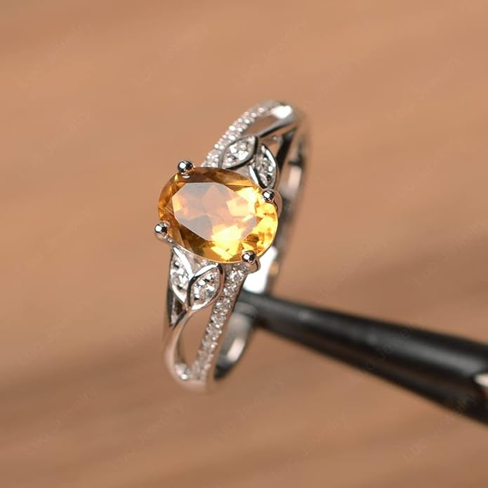 925 Sterling Silver Oval Shaped 8X6 MM Gemstone Ring Leaf Engagement Ring for Women Jewelry