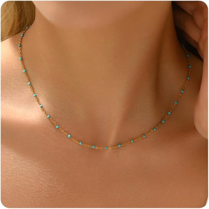 Gold Chain Necklace for Women Dainty 18K Gold Plated Thin Satellite Beaded Turquoise Necklace Simple Gold Boho Jewelry