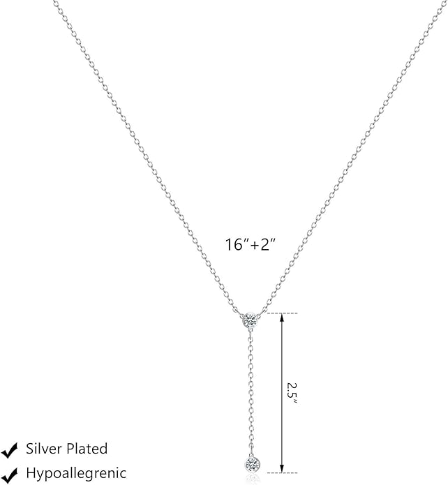 Luxval Lariat Silver Necklace for Women, Dainty Long Necklace Silver Y-Shaped Pendant Necklaces Trendy Beaded Chain Drop Necklaces Jewelry for Women Gifts