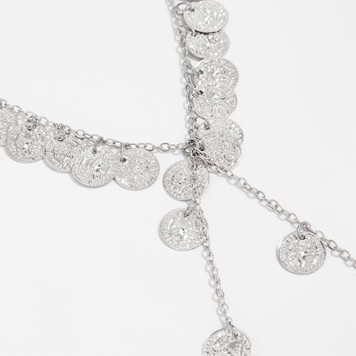 Chunky Long Tassel Gold Coin Choker Necklace for Women Statement Trendy Silver Beaded Disc Y Necklaces Stylish Party Prom Jewelry Costume Accessories