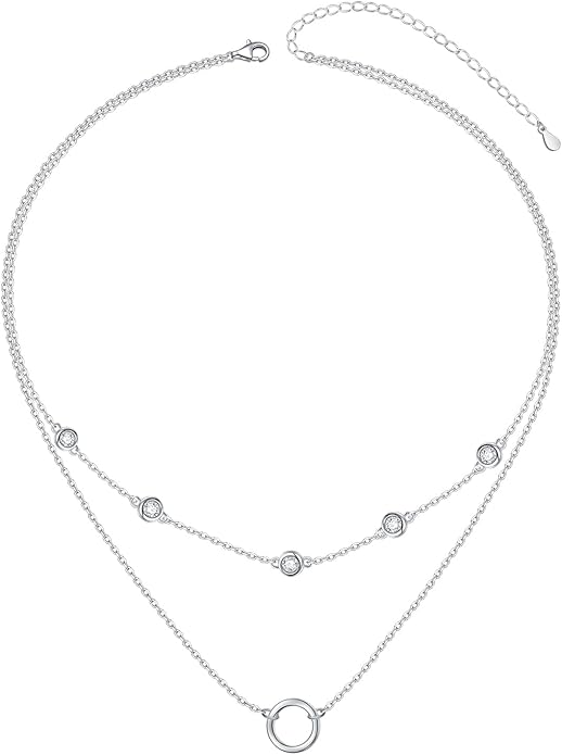 Layered Necklaces for Women S925 Sterling Silver Chokers Necklace for Women Circle/Heart/Double Circle/Cross/Star/Evil Eye Necklace Handmade Bead Necklaces Adjustable