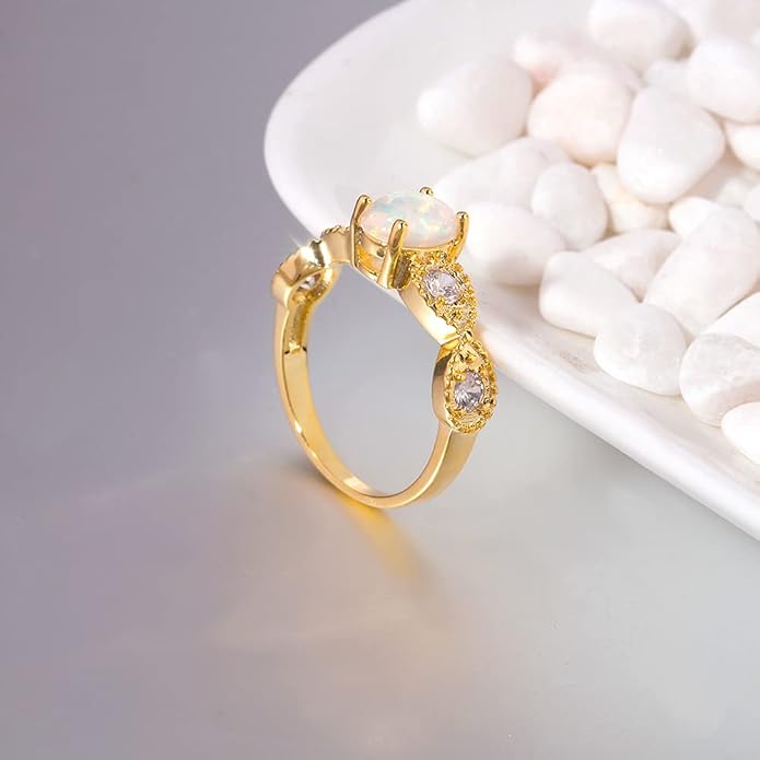 CiNily 18K Gold Plated Opal Ring-White Fire Opal & Amethyst & Cubic Zirconia Women Jewelry Gemstone Engagement Anniversary Ring Size 5-13