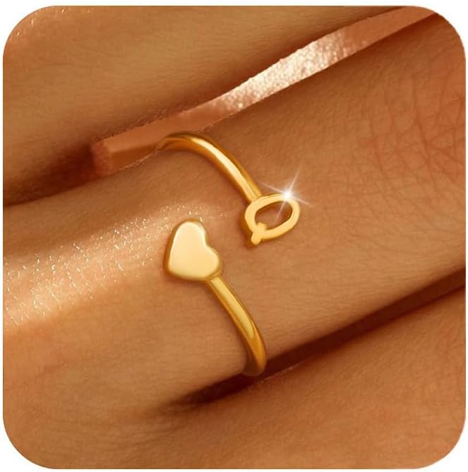 Honsny Gold Initial Rings for Women Non Tarnish 18K Gold Plated Heart Initial Stackable Rings Adjustable Pinky Rings for Women Cute Dainty Alphabet Capital Letter Rings Jewerly Gift