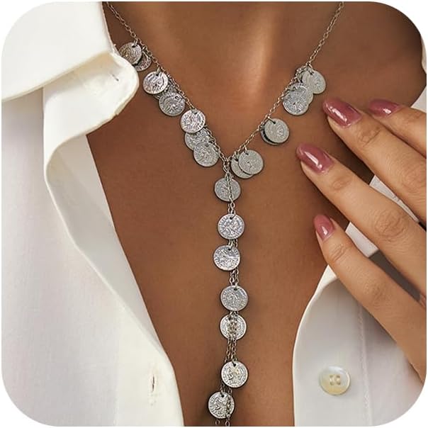 Chunky Long Tassel Gold Coin Choker Necklace for Women Statement Trendy Silver Beaded Disc Y Necklaces Stylish Party Prom Jewelry Costume Accessories